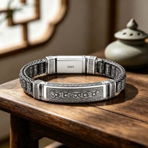 six syllable mantra silver bracelet: unisex, trendy, unique, retro style